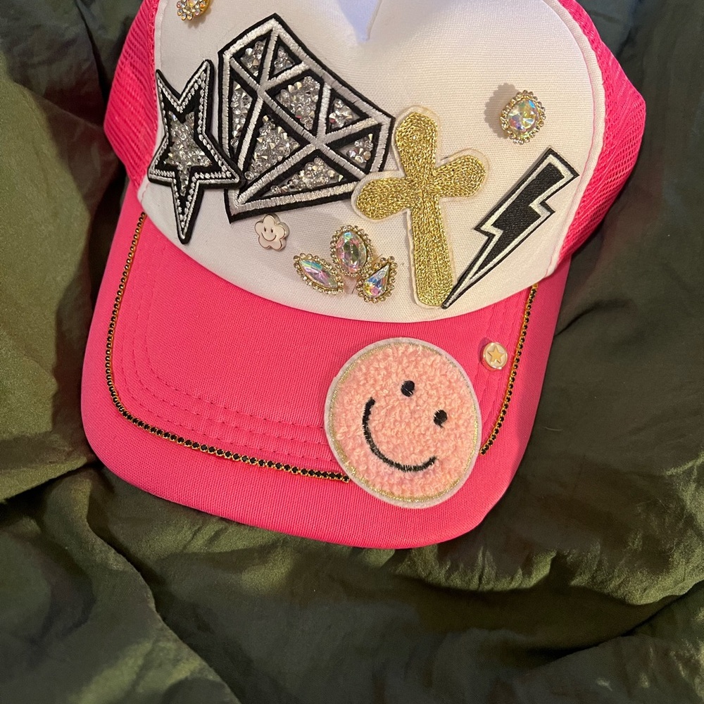 Bright Pink and White Hat with Boujie Patches and Adjustable Strap